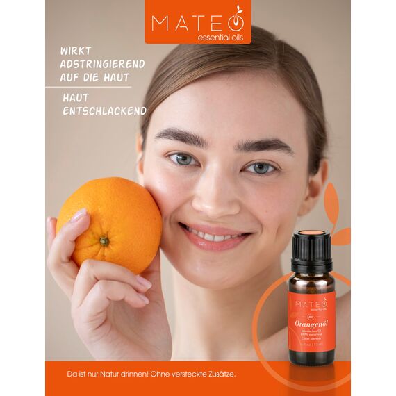 MateoEssentialsOils - 100% Reines und Natürlich Orangenöl – Belebend & Erfrischend – Gewonnen aus echten Orangen - Ideal für Aromatherapie, Massagen & Naturkosmetik – Orange oil - 10 ml.