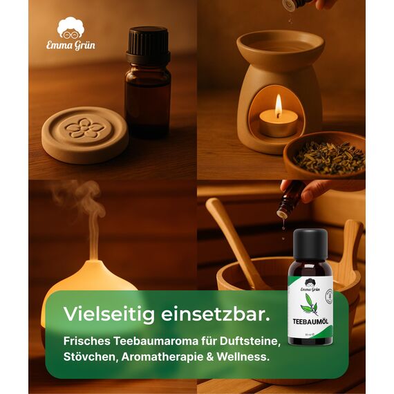 Emma Grün® Teebaumöl Ätherisches Öl 30ml [100% NATURREIN] - Teebaum Diffuser Öl für Raumduft, Aroma Diffuser & Duftlampe - DIY Duftöl als Massageöl, Kerzen Duftöl & Seifenherstellung - Tea Tree Oil