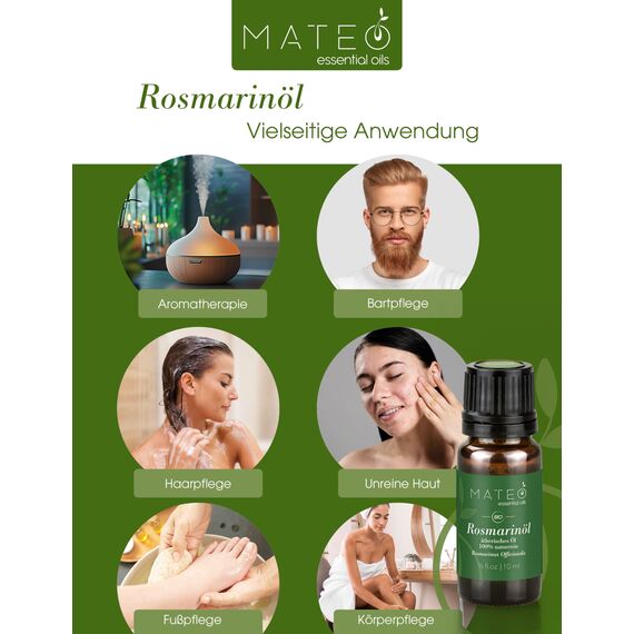 MateoEssentialsOils - 100% Reines & natürlich Rosmarinöl – Erfrischender Duft & Vielseitige Anwendungen – Perfekt für Aromatherapie, Gegen Haarausfall – Auch für Diffusor – Rosmarin oil - 10 ml.