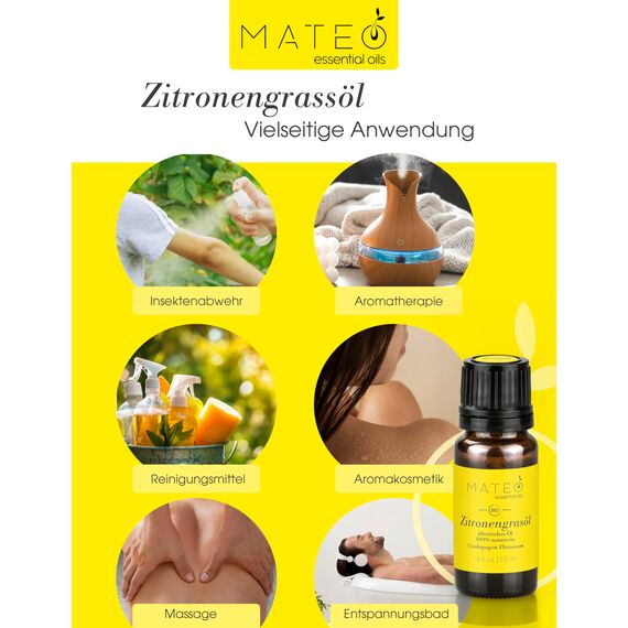 MateoEssentialsOils - 100% Reines und natürlich Zitronengrasöl (Lemongrasöl) – Natürlich & Belebend – Ideal für Aromatherapie, Diffuser, Massage, DIY-Kosmetik – Zitronengras - 10 ml.