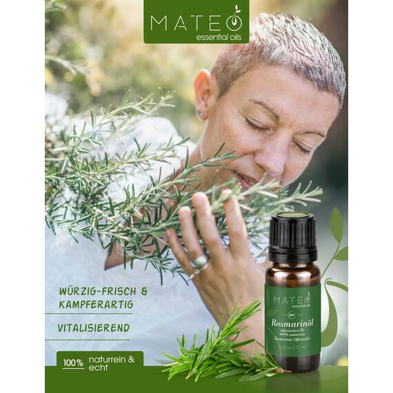 MateoEssentialsOils - 100% Reines & natürlich Rosmarinöl – Erfrischender Duft & Vielseitige Anwendungen – Perfekt für Aromatherapie, Gegen Haarausfall – Auch für Diffusor – Rosmarin oil - 10 ml.
