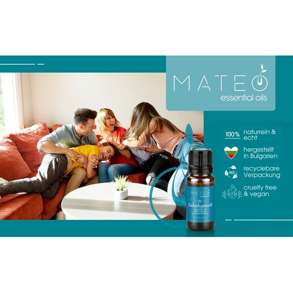 MateoEssentialOils – 100% Reines Eukalyptusöl – Natürlich & Erfrischend – Ideal für Aromatherapie, Raumduft, Hautpflege & Diffuser – Eukalyptus - 10 ml.
