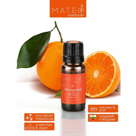 MateoEssentialsOils - 100% Reines und Natürlich Orangenöl – Belebend & Erfrischend – Gewonnen aus echten Orangen - Ideal für Aromatherapie, Massagen & Naturkosmetik – Orange oil - 10 ml.