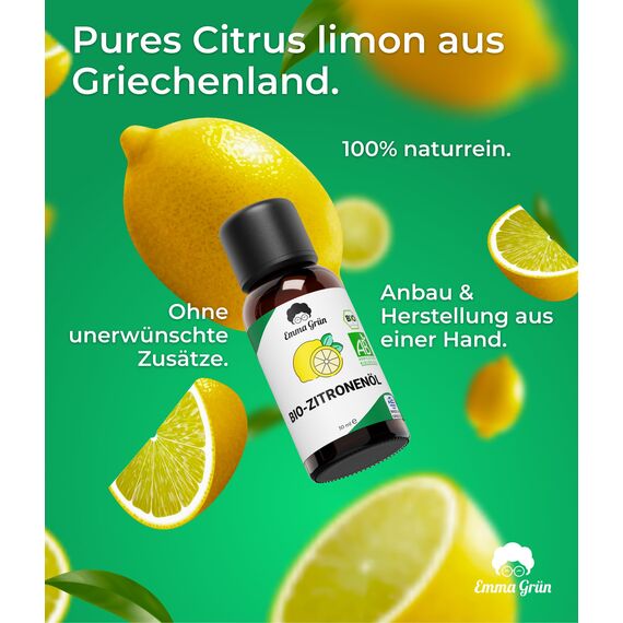 Emma Grün® Bio Zitronenöl Ätherisches Öl [100% Naturrein] - Spritziges Zitronen Öl 30ml - Reines Zitronenöl zum Verzehr - Ätherische Öle Bio - Kaltgepresst aus echten Zitronen - Lemon Oil