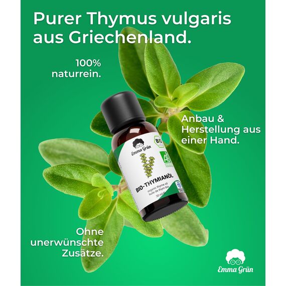 Emma Grün® Bio Thymianöl [100% Naturrein] - Ätherisches Öl 3x 30ml - Würzig-Frisches Thymian Öl zum Einnehmen - Ätherische Öle aus Bio Thymian in LEBENSMITTELQUALITÄT - Essential Oils Aus Griechenland