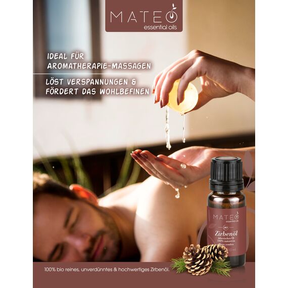 MateoEssentialOils – Natürliches Zirbenöl (Swiss Pine), Holziger Duft – Ideal für Diffusor, Aromatherapie, Raumduft, Sauna, Massage & Wellness – 10 ml.