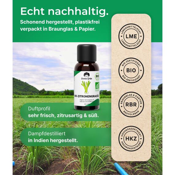 Emma Grün® Bio Lemongras Öl [100% Naturrein] - Zertifiziertes Lebensmittel - Echtes Zitronengrasöl 30ml - Lemongrass Öl Erfrischend & Belebend - Ätherische Öle für Aromatherapie