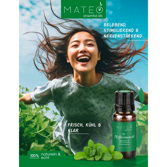 MateoEssentialsOils - 100% Reines und Natürlich Pfefferminzöl – Mentha Piperita - unverdünnt, therapeutische Qualität - Erfrischend – Ideal für Aromatherapie, Diffusor, Massage & Wellness – 10 ml.