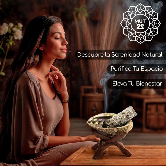 MUT22 Räucherset mit Stativ, Palo Santo, Weißer Salbei, Wüstensalbei, Ruda, Abalone-Schale - Komplettset zur Reinigung und Harmonisierung