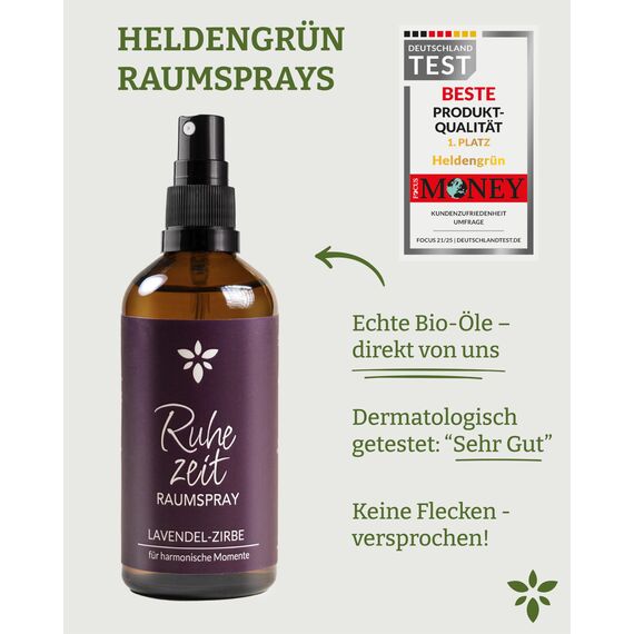 Heldengrün® Kissenspray zum Einschlafen "Ruhezeit" [ECHTE BIO-ÖLE] Dermatologisch getestet - Kopfkissenspray mit Bio-Lavendel & Zirbe - Schlafwohl Kissenpray