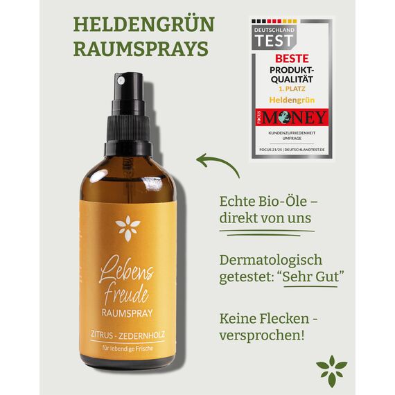 Heldengrün® Raumspray Zitrone "Lebensfreude" [ECHTE BIO-ÖLE] Dermatologisch getestet - Bio Raumduft für lebendige Frische - Textil Duftspray mit Zitrus & Zedernholz - 2 x 100 ml