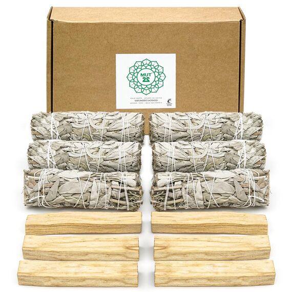 MUT22 6 Weißer Salbei und 6 Palo Santo Premium Kalifornischer, 100% natürlich und reinigend, ideal für spirituelle und energetische Rituale (6 Weißer Salbei + 6 Palo Santo)
