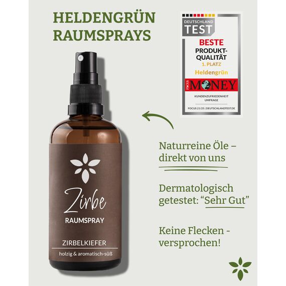 Heldengrün® Zirbenspray "Alpenzirbe" [ECHTES ZIRBENÖL] Dermatologisch getestet - Zirbenöl Spray - Holzig & frisch - Kissenspray & Raumspray Tannenduft - Zirbelkiefer aus Österreich - 2 x 100 ml