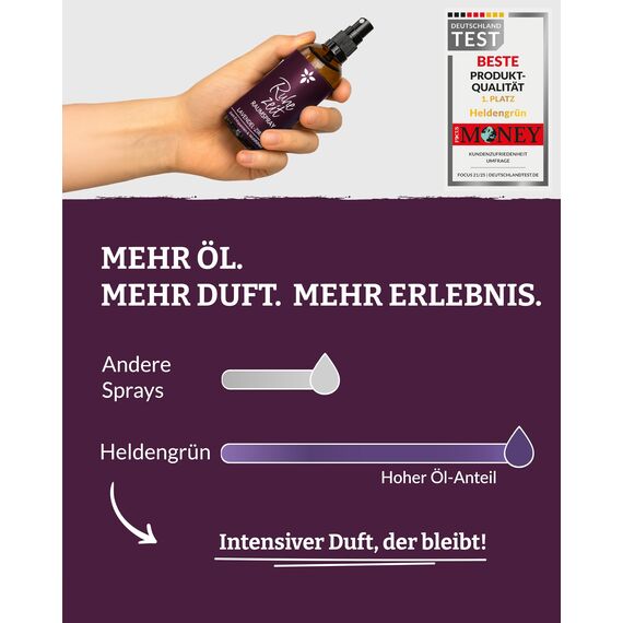 Heldengrün® Kissenspray zum Einschlafen "Ruhezeit" [ECHTE BIO-ÖLE] Dermatologisch getestet - Kopfkissenspray mit Bio-Lavendel & Zirbe - Schlafwohl Kissenpray - 3 x 100 ml