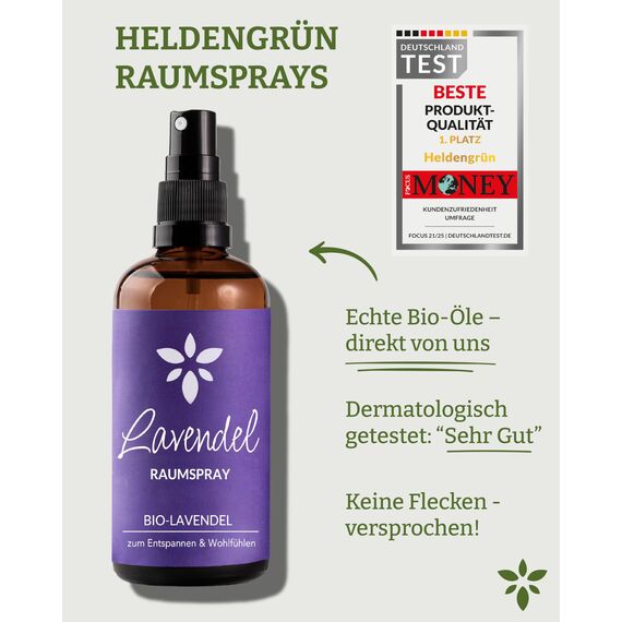 Heldengrün® Lavendelspray Gute Nacht [Bio-LAVENDELÖL] Dermatologisch getestet - Lavendelspray für Kopfkissen - Blumig & frisch - Lavendel Kissenspray & Raumspray - 2 x 100 ml