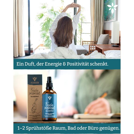 Heldengrün® Raumspray "Frischemoment" [ECHTE BIO-ÖLE] Dermatologisch getestet - Frische Lust Raumspray - Bio Raumduft mit Minze, Rosmarin & Zitrone - Textil Duftspray & Lufterfrischer 3-100 ml