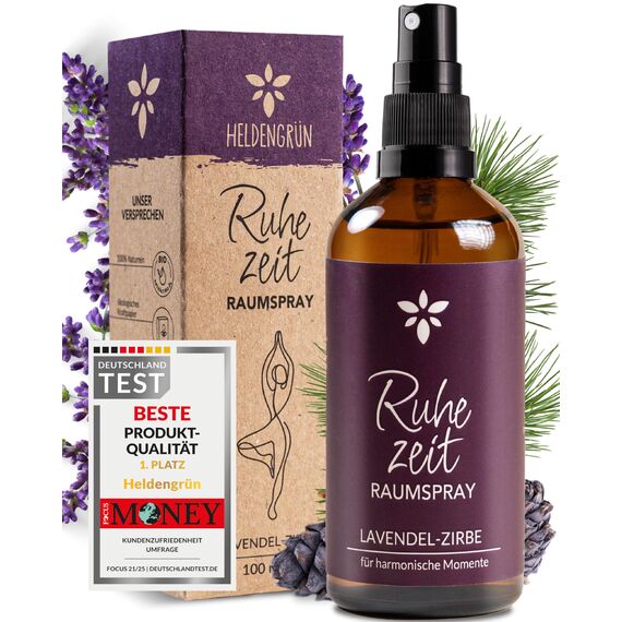 Heldengrün® Kissenspray zum Einschlafen "Ruhezeit" [ECHTE BIO-ÖLE] Dermatologisch getestet - Kopfkissenspray mit Bio-Lavendel & Zirbe - Schlafwohl Kissenpray