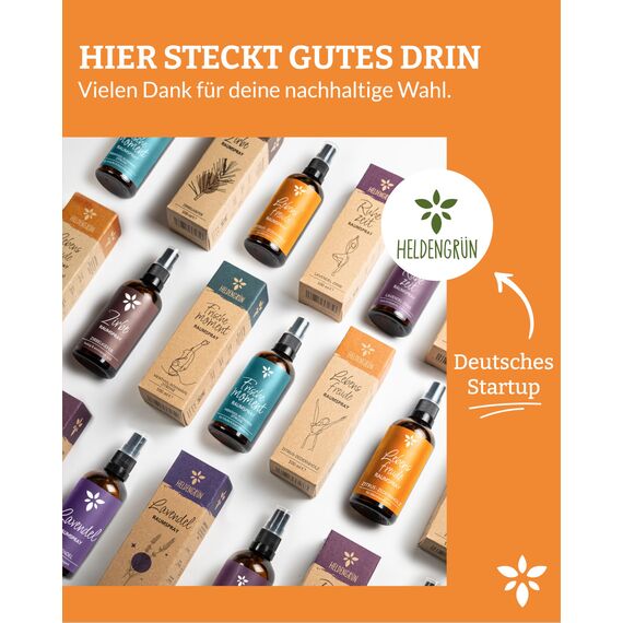 Heldengrün® Raumspray Zitrone "Lebensfreude" [ECHTE BIO-ÖLE] Dermatologisch getestet - Bio Raumduft für lebendige Frische - Textil Duftspray mit Zitrus & Zedernholz - 3 x 100 ml