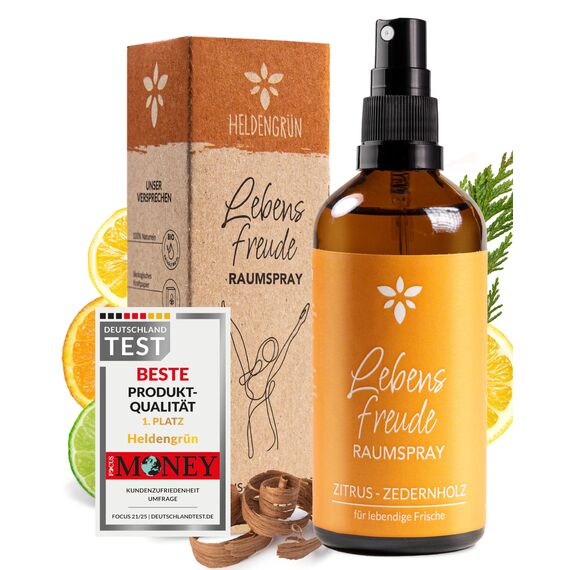 Heldengrün® Raumspray Zitrone "Lebensfreude" [ECHTE BIO-ÖLE] Dermatologisch getestet - Bio Raumduft für lebendige Frische - Textil Duftspray mit Zitrus & Zedernholz