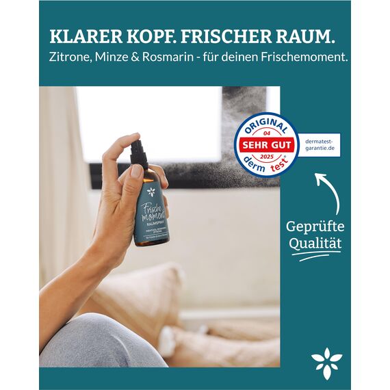 Heldengrün® Raumspray "Frischemoment" [ECHTE BIO-ÖLE] Dermatologisch getestet - Frische Luft Raumspray - Bio Raumduft mit Minze, Rosmarin & Zitrone - Textil Duftspray & Lufterfrischer