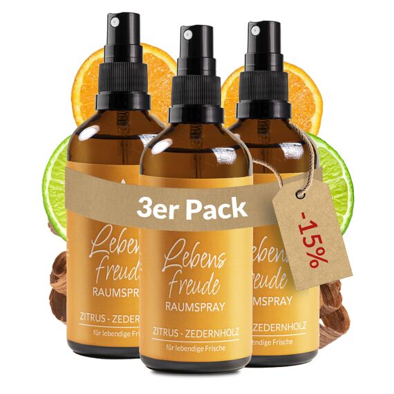 Heldengrün® Raumspray Zitrone "Lebensfreude" [ECHTE BIO-ÖLE] Dermatologisch getestet - Bio Raumduft für lebendige Frische - Textil Duftspray mit Zitrus & Zedernholz - 3 x 100 ml