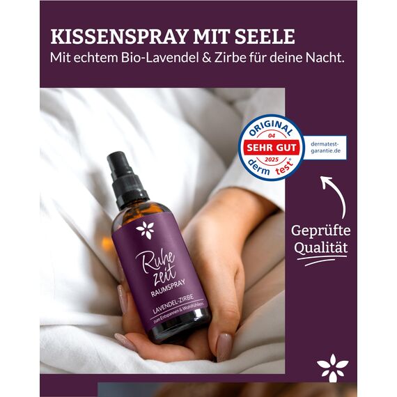 Heldengrün® Kissenspray zum Einschlafen "Ruhezeit" [ECHTE BIO-ÖLE] Dermatologisch getestet - Kopfkissenspray mit Bio-Lavendel & Zirbe - Schlafwohl Kissenpray