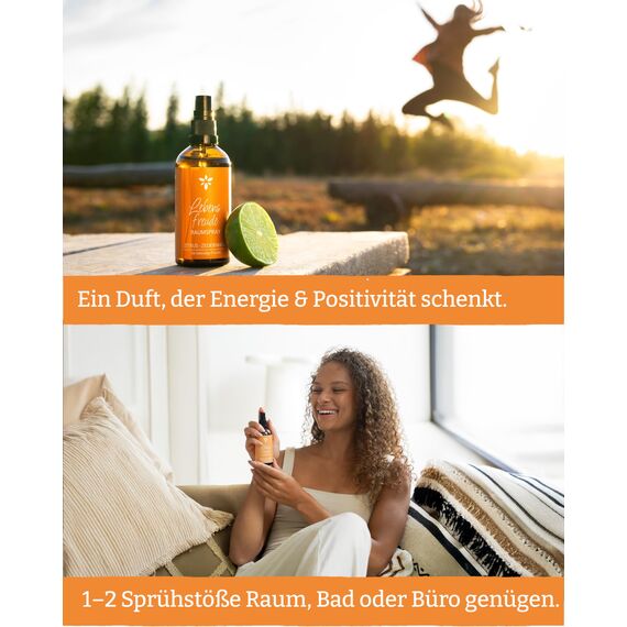 Heldengrün® Raumspray Zitrone "Lebensfreude" [ECHTE BIO-ÖLE] Dermatologisch getestet - Bio Raumduft für lebendige Frische - Textil Duftspray mit Zitrus & Zedernholz - 2 x 100 ml
