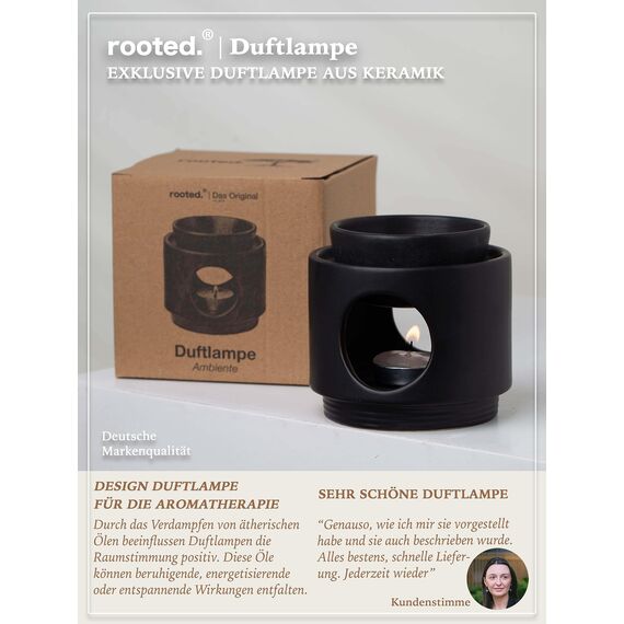 rooted.® | Duftlampe Ambiente Teelicht | Design Aromalampe aus Keramik | Stövchen für ätherische Öle, Duftöl und Duftwachs | Matt Schwarz | Deutsche Markenqualität …