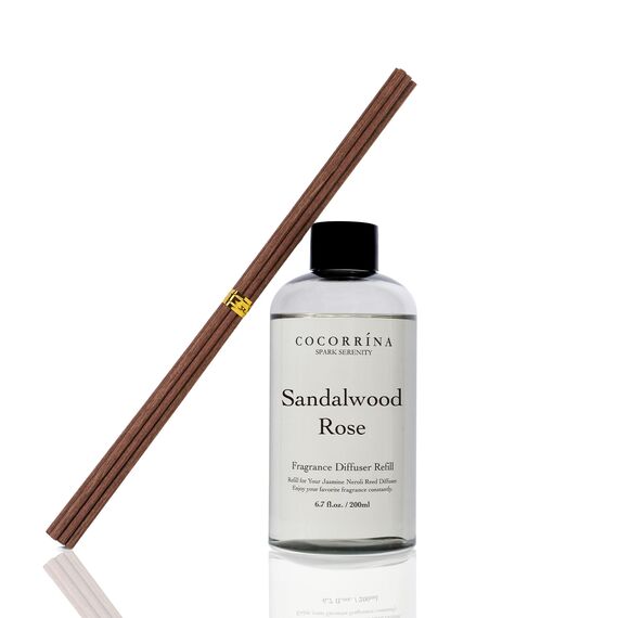 COCORRÍNA Raumduft Nachfüller 200ml mit 8 Duftstäbchen, Sandalwood Rose, Langanhaltender Duft mit natürlichen ätherischen Ölen, für Wohnzimmer, Schlafzimmer und Badezimmer