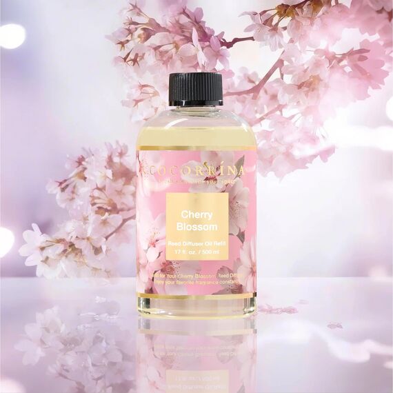 COCORRÍNA Raumduft Nachfüller 500ml mit 8 Duftstäbchen, Cherry Blossom, Langanhaltender Duft mit natürlichen ätherischen Ölen, für Wohnzimmer, Schlafzimmer und Badezimmer