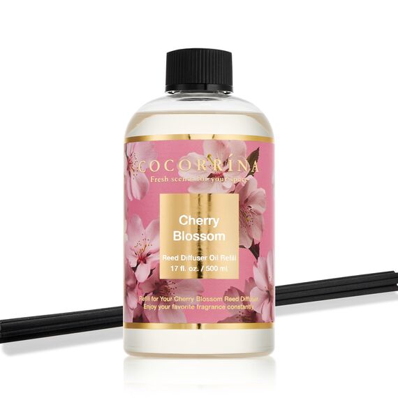 COCORRÍNA Raumduft Nachfüller 500ml mit 8 Duftstäbchen, Cherry Blossom, Langanhaltender Duft mit natürlichen ätherischen Ölen, für Wohnzimmer, Schlafzimmer und Badezimmer