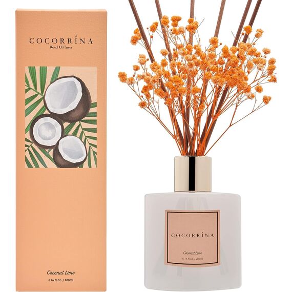 Cocorrína Raumduft Reed Diffuser mit 8 Duftstäbchen 200ml - Kokosnuss-Limette, Natürlich, Langanhaltend, Home Duft ätherisches Öl Reed Diffusor für Badezimmer Regal Dekoration