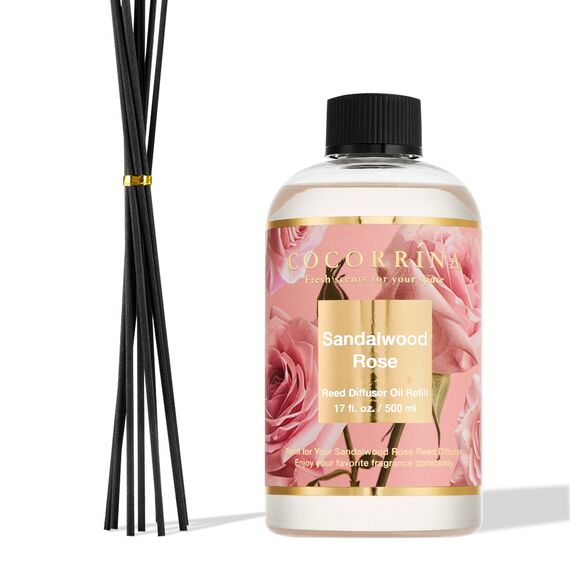 COCORRÍNA Raumduft Nachfüller 500ml mit 8 Duftstäbchen, Sandalwood Rose, Langanhaltender Duft mit natürlichen ätherischen Ölen, für Wohnzimmer, Schlafzimmer und Badezimmer