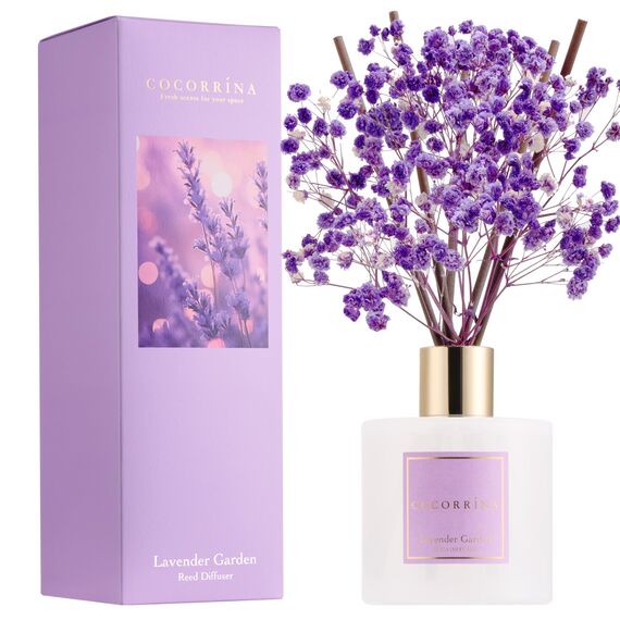 COCORRÍNA Raumduft Reed Diffuser mit 8 Duftstäbchen 200ml, Lavender Garden, Natürlich, Langanhaltend, Home Duft ätherisches Öl Reed Diffusor für Badezimmer Regal Dekoration