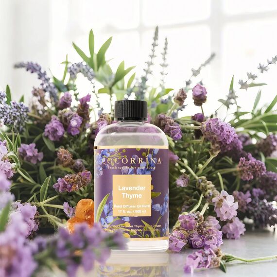 COCORRÍNA Raumduft Nachfüller 500ml mit 8 Duftstäbchen, Lavender Thyme, Langanhaltender Duft mit natürlichen ätherischen Ölen, für Wohnzimmer, Schlafzimmer und Badezimmer