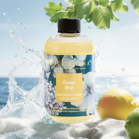 COCORRÍNA Raumduft Nachfüller 500ml mit 8 Duftstäbchen, Ocean Mist, Langanhaltender Duft mit natürlichen ätherischen Ölen, für Wohnzimmer, Schlafzimmer und Badezimmer