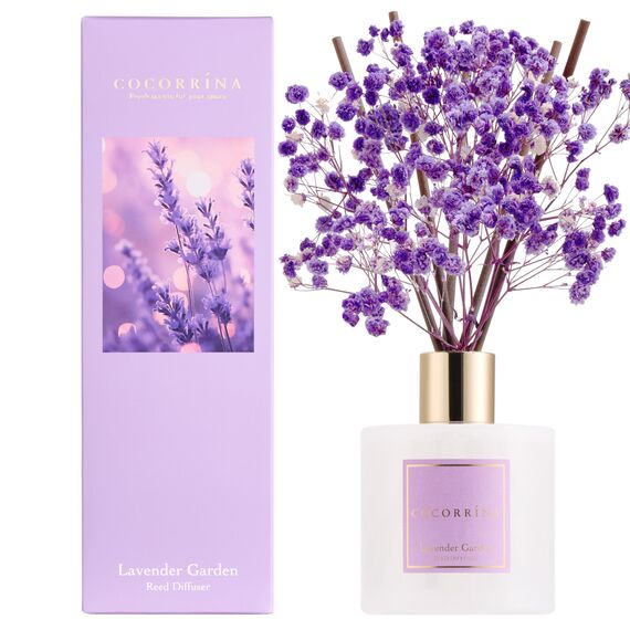 COCORRÍNA Raumduft Reed Diffuser mit 8 Duftstäbchen 200ml, Lavender Garden, Natürlich, Langanhaltend, Home Duft ätherisches Öl Reed Diffusor für Badezimmer Regal Dekoration