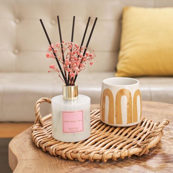 COCORRÍNA Raumduft Reed Diffuser mit 8 Duftstäbchen 200ml- Litchi Sprudel, Natürlich, Langanhaltend, Home Duft ätherisches Öl Reed Diffusor für Badezimmer Regal Dekoration