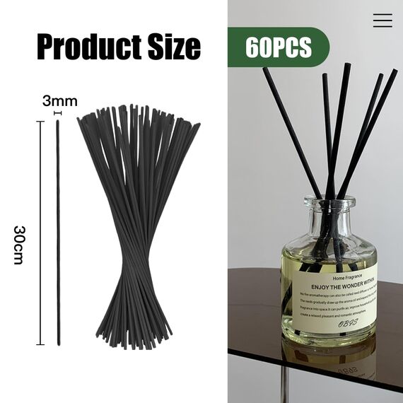Hugwish 60pcs duftstäbchen schwarz 30 cm, stäbchen für raumduft, Diffuser stäbchen, raumduft stäbchen, rattanstäbchen(60, 30mm x 3.0mm)