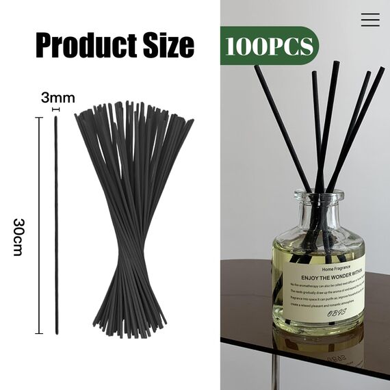Hugwish 100pcs duftstäbchen aus Faser schwarz 30.1cm x 3.0mm, stäbchen für raumduft, Diffuser stäbchen, rattanstäbchen für raumduft (30.1cm x 3.0mm)