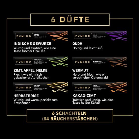 Fumino Räucherstäbchen Mehrfachpackung – Handgefertigte Masala Agarbatti für Entspannung, Meditation & Duft – 18 Boxen, 252 Stäbchen