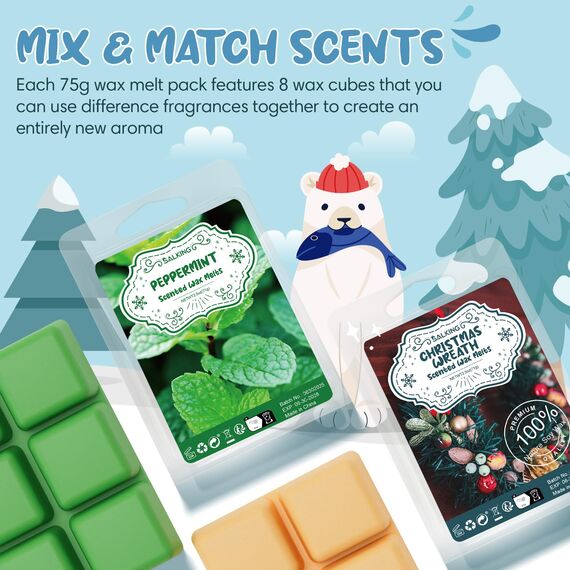 SALKING Winter Duftwachs Wax Melts für Duftlampe, 100% Sojawachs Raumduft Duftkerze, Wax Melts für Kerzen Wärmer, Weihnachtskranz und Lebkuchen Düfte Geschenk Set für Halloween, Weihnachten, 8 Düfte