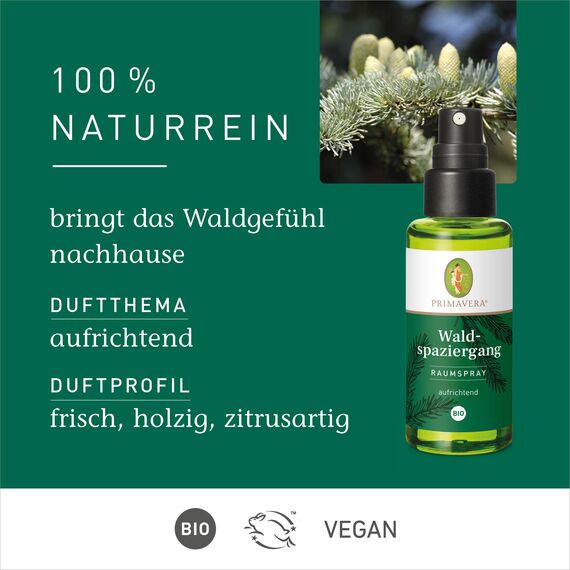 PRIMAVERA Raumspray Waldspaziergang bio 50 ml - Riesentanne, Fichtennadeln und Vetiver - Aromadiffuser, Aromatherapie - erfrischend - vegan