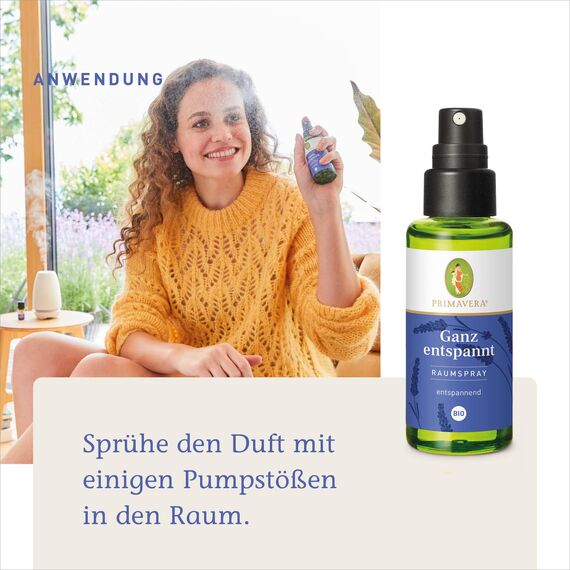 PRIMAVERA Raumspray Ganz entspannt bio 50 ml - Lavendel, Benzoe Siam und Ho­-Blätter - Aromadiffuser, Aromatherapie - entspannend - vegan