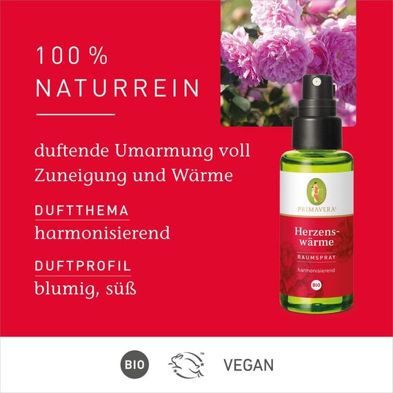 PRIMAVERA Raumspray Herzenswärme bio 50 ml - Rose, Vanille und Sandelholz - Aromadiffuser, Aromatherapie - harmonisierend - vegan