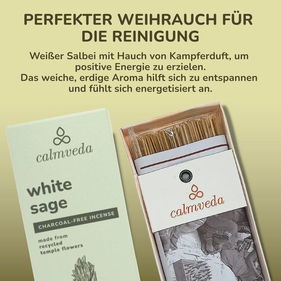 Räucherstäbchen Weißer Salbei Räucherset - 80 Weihrauch Stäbchen, hergestellt aus Recycelten Blumen | Reinigung Negativer Energie