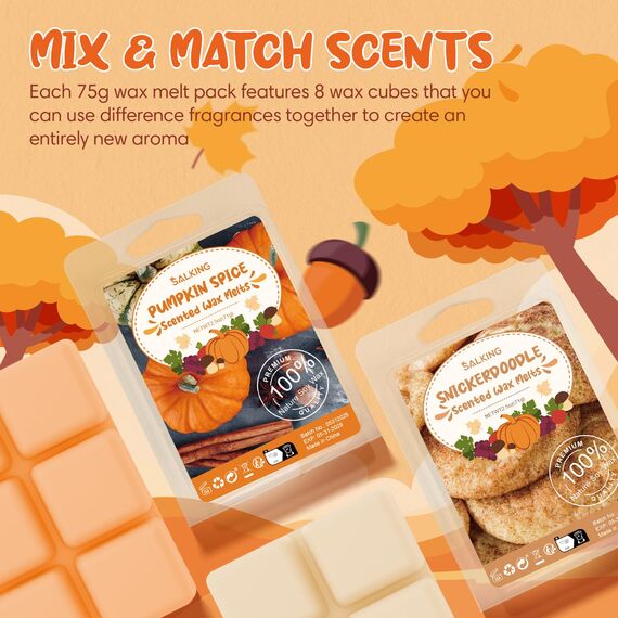 SALKING Herbst Duftwachs Wax Melts für Duftlampe, 100% Sojawachs Raumduft Duftkerze, Wax Melts für Kerzen Wärmer, Kürbisgewürz und Zimt Düfte Geschenk Set für Halloween, Weihnachten, 8 Düfte
