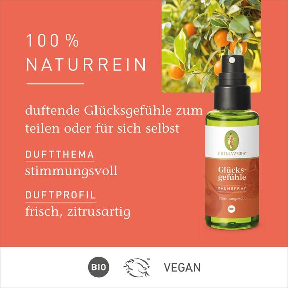 PRIMAVERA Raumspray Glücksgefühle bio 50 ml - Mandarine, Grapefruit und Tonka - Aromadiffuser, Aromatherapie - stimmungshebend - vegan