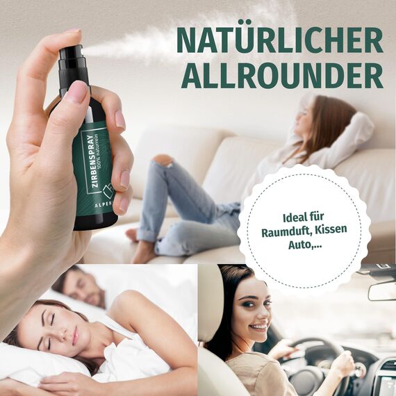 Alpenherz Zirbenspray - 100 ml naturrein mit ätherischem Zirbenöl - Bett Duftspray für einen schönen Kissenduft - Zirbenwald Spray für Auto, Kopfkissen, Bettspray, Raumduft oder auch Raumspray