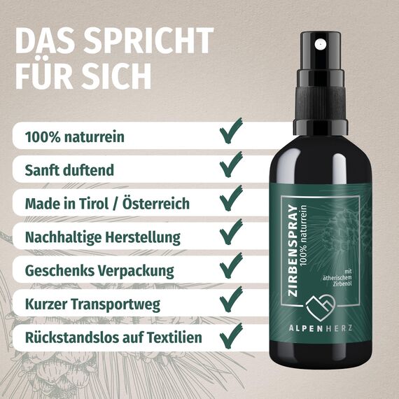 Alpenherz Zirbenspray - 100 ml naturrein mit ätherischem Zirbenöl - Bett Duftspray für einen schönen Kissenduft - Zirbenwald Spray für Auto, Kopfkissen, Bettspray, Raumduft oder auch Raumspray